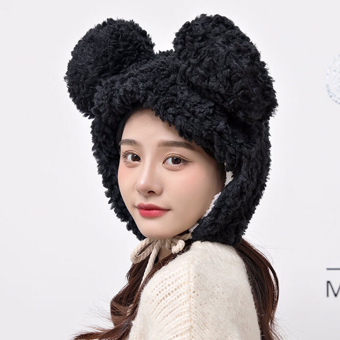 Winter Women Warm  Plush Thickened Cute Bear Hat Imitation Cashmere Girl Outdoor Cartoon Hat Interesting And Novel Black