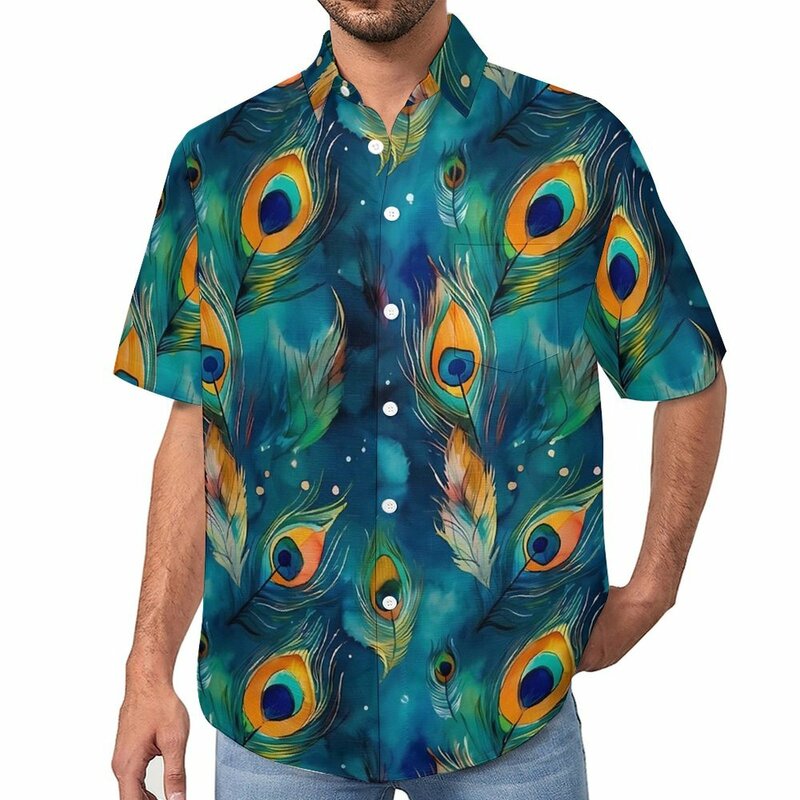 Camisa informal de plumas de pavo real de acuarela, arte abstracto, camisa suelta de playa, blusas de verano, manga corta, ropa gráfica de gran tamaño