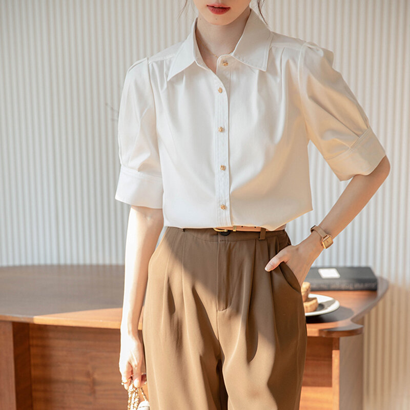Qoerlin-女性用半袖ホワイトシャツ,オフィスウェア,シングルブレスト,折り返し襟,フォーマルブラウス,エレガントなトップス,夏