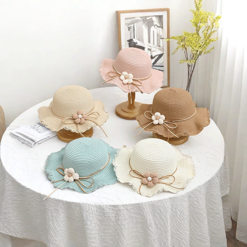 Baby Versatile Two-piece Set  Girls Fashion Fisherman Hat  Flower Straw Hat + Crossbody One-shoulder Mini Coin Bag