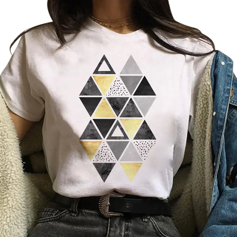 Bela geometria impressa gráfico t-shirt, feminino manga curta Tee, E25, tops bonitos