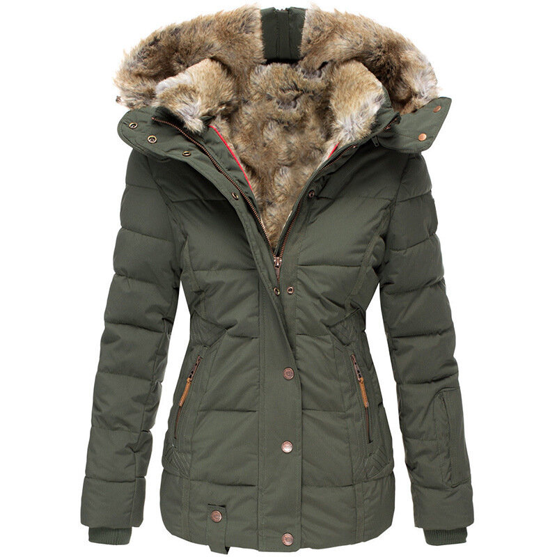 WYBLZ-Women's Cotton Padded Coat with Fur Collar, Long Sleeve, Hooded Jacket, Warm Parkas, Zipper, Slim Fit, Winter