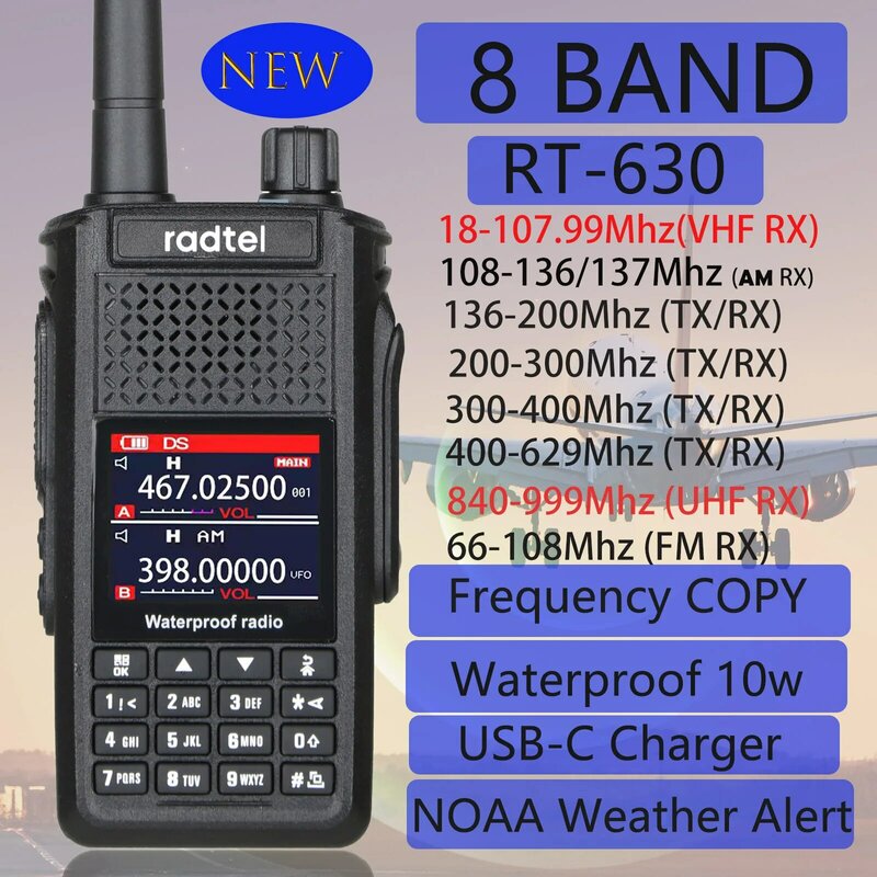 Radtel-Waterproof 8 Bandas de rádio amador, Aviação Air Band, Walkie Talkie, Ham, CB, SSB, AM, FM, UHF, VHF, 800-900m, 10W, USB, RT-630