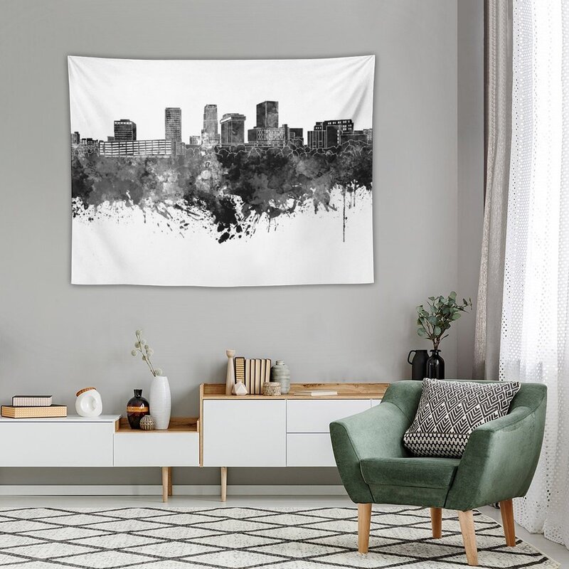 Akron Skyline in Black Aquarelle Tapisserie, Chambre, Esthétique, Décor de maison, Murale