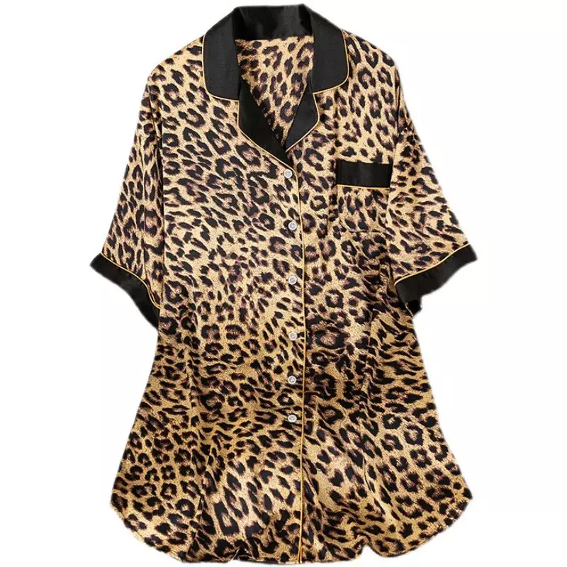 Women Nightgowns Satin Silk Leopard Print Shirt Sleepwear Buttons Nightwear Dress Sexy Lingerie Gown Robe Homedress Nightdress