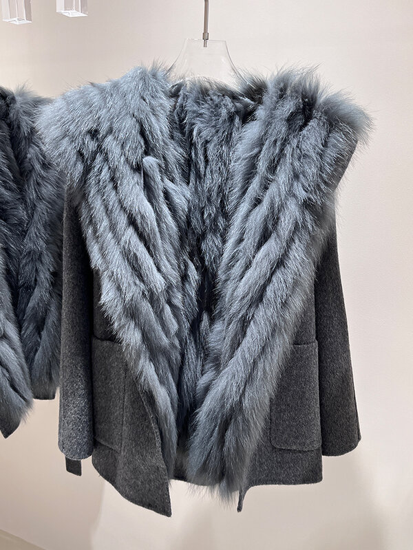 Women Winter Real Fox Fur Belt Slim Vest Natural Fur Coat Outwear Hooded Wool Cashmere Outwear Female Coat Full Sleeve