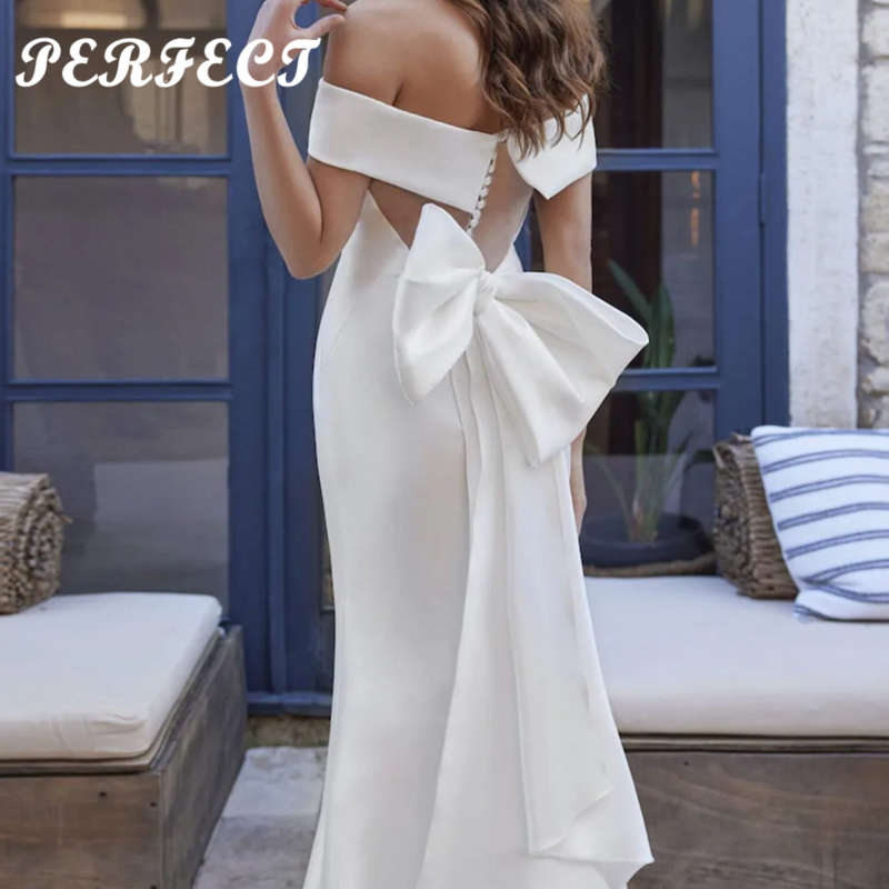 PERFEITO-Sereia Cetim Vestidos De Noiva, Fora Do Ombro Vestidos De Noiva Com Botões, Arco Voltar, Noivas, Custom Made