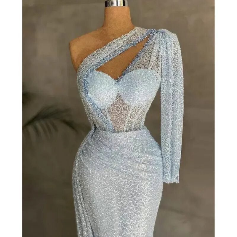 Light Blue Sequined Bling Prom Dresses Luxury Beaded Long Sleeves Formal Evening Dress One Shoulder Party Gowns Robe De Mariee