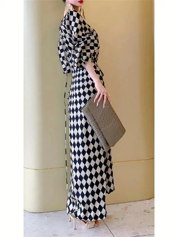 Sweet and Spicy Style Mature Elegant Socialite Chessboard Plaid Long Sleeve Split Dress for Women