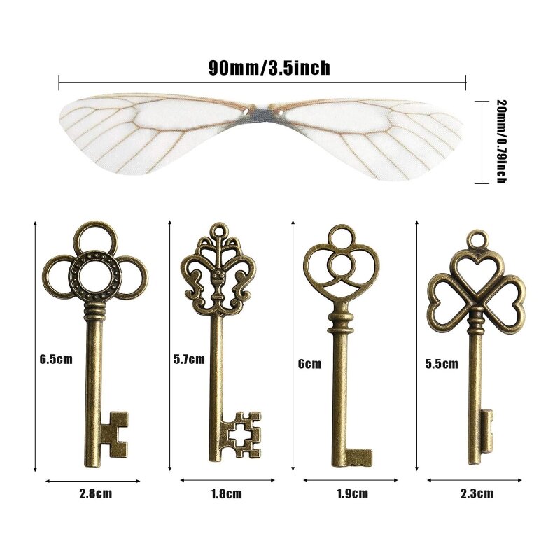 517F Vintage Antique Skeleton Keys Flying Keys Charms with Dragonfly Wings and Line for Home Decoration DIY Jewelry Making