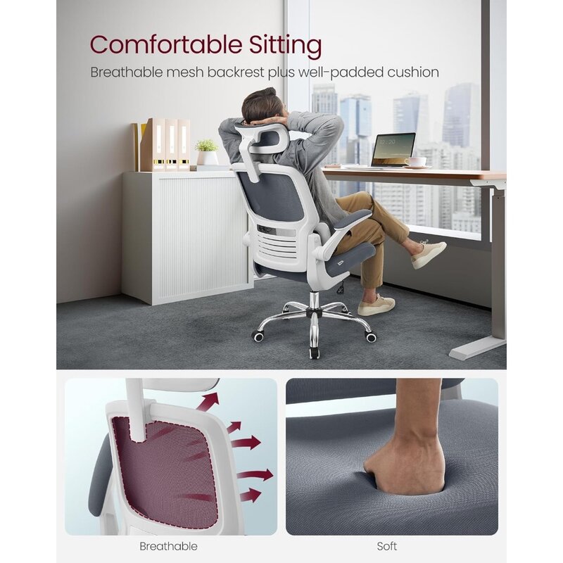 VASAGLE kursi kantor, desain ergonomis, penopang pinggang, kursi meja belakang tinggi, kursi komputer jala, sandaran tangan lipat