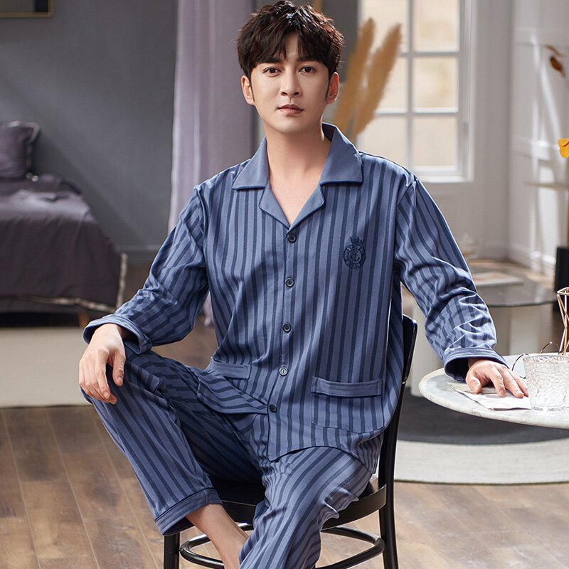 Pijama listrado vertical de manga longa masculino, cardigã de algodão, simples e confortável, móveis domésticos, primavera e outono