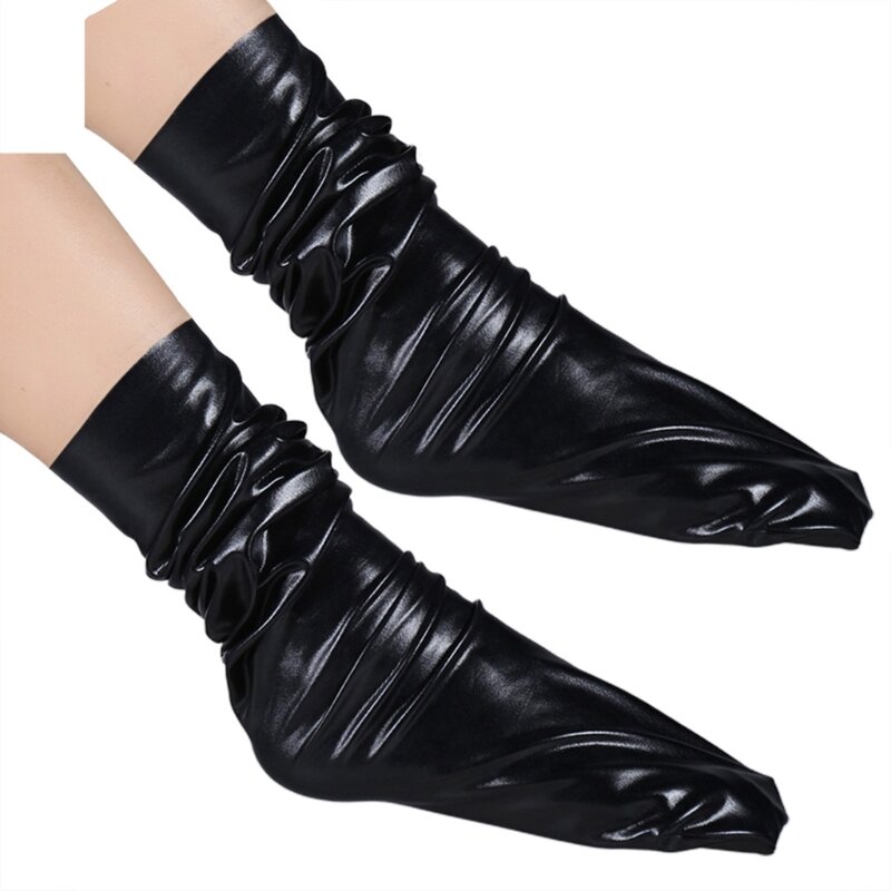 Женские свободные носки из искусственной лакированной кожи для девочек, забавные блестящие металлические мокрые однотонные чулки