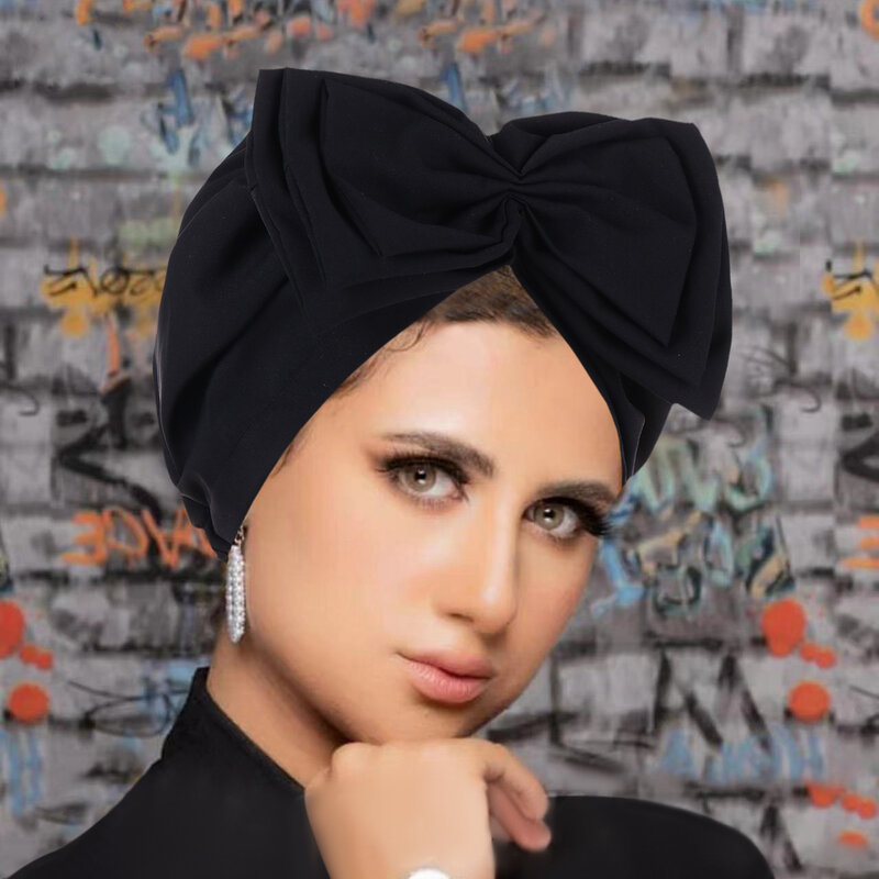 Trendy Big Bow Knot Turban Bonnets Women Stretchy Beanies Chemo Cap Head Cover Muslim Hijab Head Wrap Headscarf Turbante Mujer
