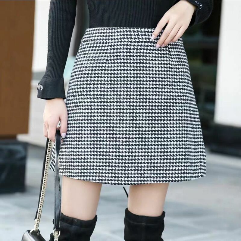 Mini-saia xadrez linha A feminina, cintura alta, lã, jogo de tudo, básico, casual, feminina, outono, inverno, nova moda