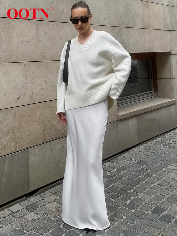 Elegancki biały spódnice trąbkowe z wysokim stanem w stylu ulicznym satynowy spódnice damskie jesienne poliestrowe jedwabna spódnica do podłogi 2023