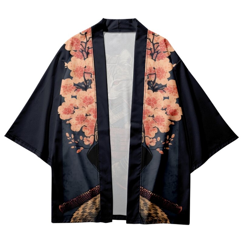 Japonês sakura samurai impressão quimono para homens e mulheres, streetwear, roupas tradicionais harajuku, chapéu de praia do verão