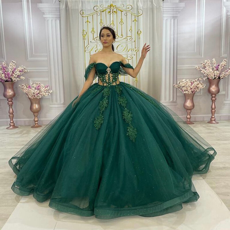 ANGELSBRIDEP-Luxo cristal vestidos Quinceanera fora do ombro, vestido de festa de aniversário, brilhante verde, 15 anos