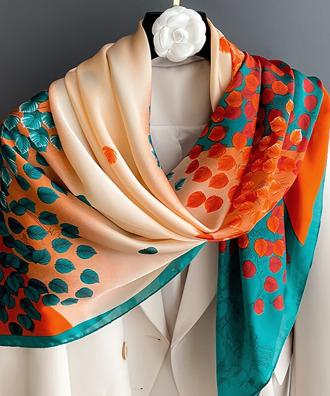90*90CM Square Silk Satin Scarves Women Fashion Shawl Wraps Muffler Bandanna Luxury Print Sunscreen Clothing Accessories