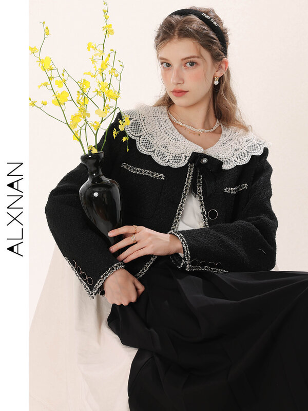 ALXNAN Fashion Tweed Jacket for Women Luxury British Style Solid Coat Autumn Retro Elegant Single-breast Office Lady Top TM00225