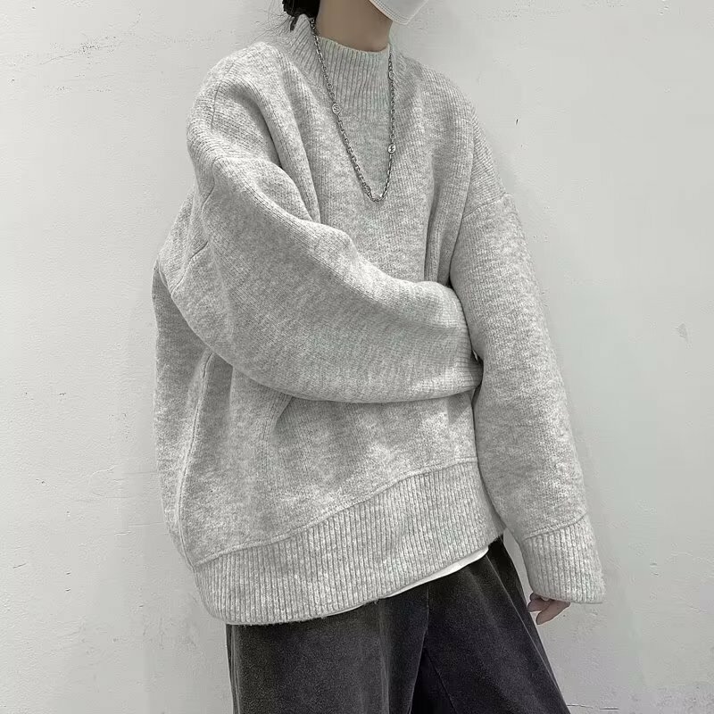 Sweater pria musim gugur gaya Jepang pullover Tinggi jalan longgar kasual Chic All-match Mock leher pria rajut mode populer
