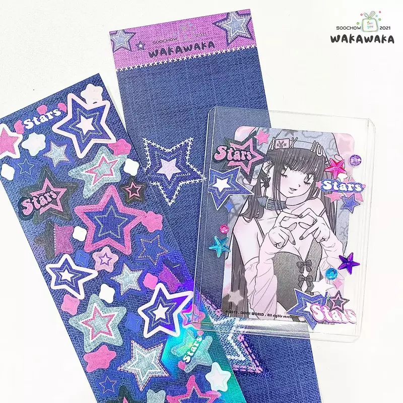Cute Colorful Star Pattern Adesivos, DIY Toploader Scrapbooking Adesivo, Kpop Idol Photo Card, Deco Materiais, Estilo Coreano, 1 Folha