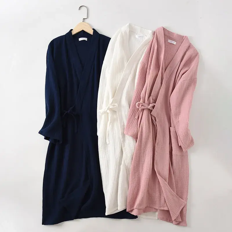 Mantel Mandi Kasa Krep Pasangan Jubah Katun 100% Solid Jubah Pernikahan Kimono V-neck Lengan Panjang Pakaian Tidur Gaun Ganti Ukuran Plus