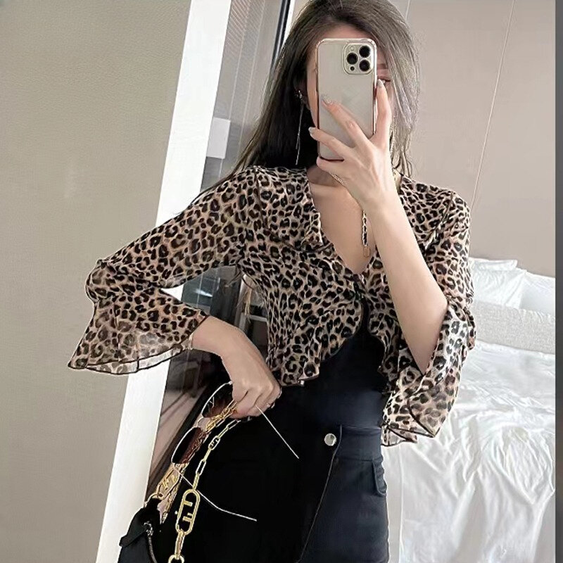Leopard Shirts Women Cozy French Style Crop Fashion Streetwewar All-match Causal Female Tops Temperament Summer New Arrival Chic