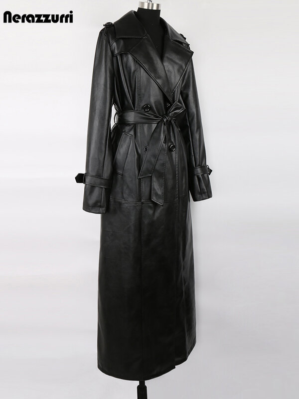 Nerazzurri-gabardina Extra larga de cuero Pu para mujer, abrigo de lujo resistente al agua, cinturón, color negro, para primavera y otoño