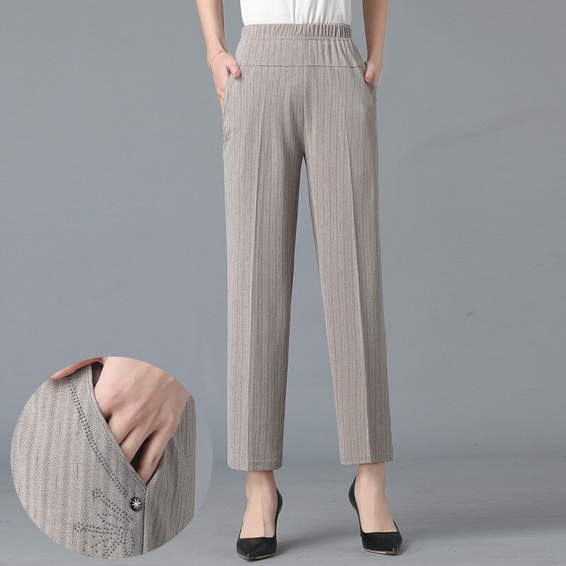 Modne damskie w stylu Casual, w paski spodnie wiosna lato koreańska nowa matka wysoka talia elastyczne luźne kieszenie Grey spodnie damskie obcisłe
