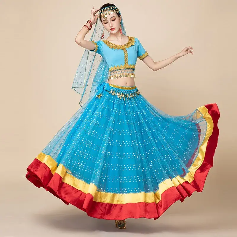 Falda de rendimiento de danza del vientre de Bollywood de baile indio, falda larga de columpio grande, conjunto de danza del vientre femenino, Sari Oriental