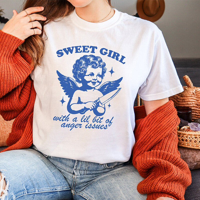 여성 O넥 루즈한 티셔츠, 재미있는 그래픽 티, Y2k 엔젤 카와이 의류, 화가 난 여자 티셔츠