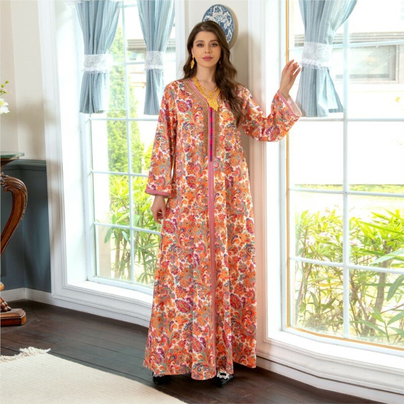 Middle East Fashion Women's Wear Muslim Home Robe Printed Rhinestones Light Luxury Ribbon Dress