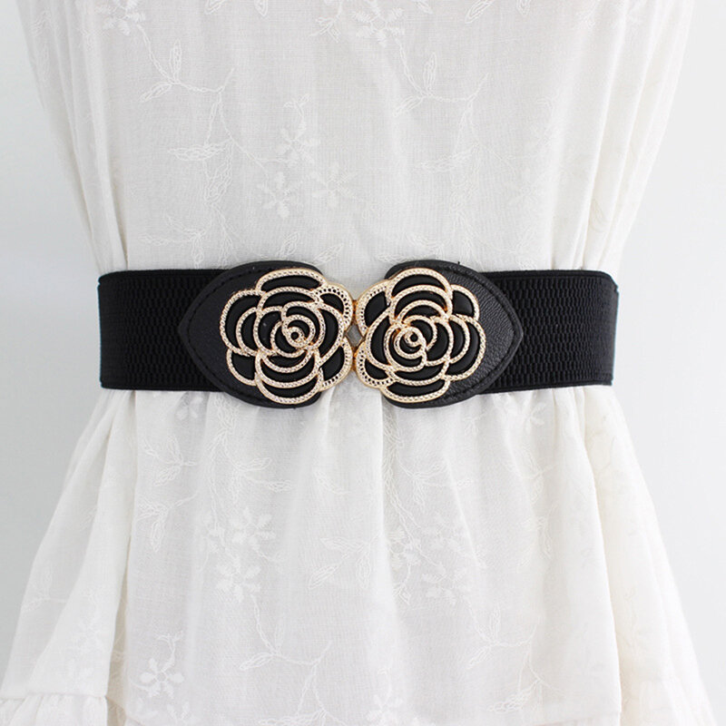 Cinturón de cintura elástico ancho con hebilla en forma de flor Retro para damas, cinturón de cintura para vestidos, accesorios de ropa, decoración de fiesta