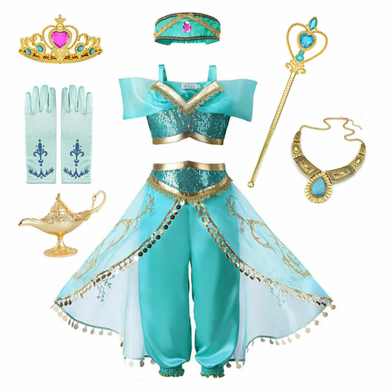 Disney-vestido de princesa Jasmine para niña, conjunto de ropa de Halloween para fiesta de cumpleaños, Carnaval, Cosplay, lámpara ágica de Aladdín