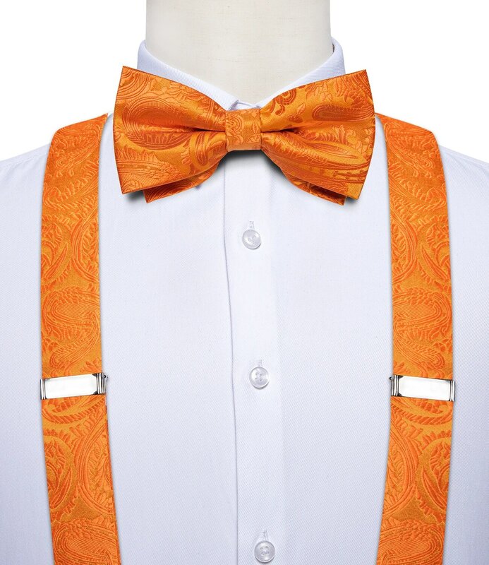 Fashion Silk Men's Adjustable Suspenders Orange Paisley Pre-tied Bowtie Pocket Square Cufflinks Set for Wedding Party Business