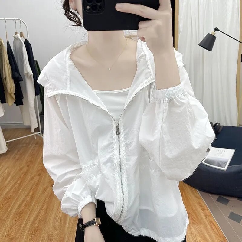 Korean Thin Solid Color Female Hooded Sun Protection Tops Coat Summer Women Loose Fitting UV Protection Sun Protection Jacket