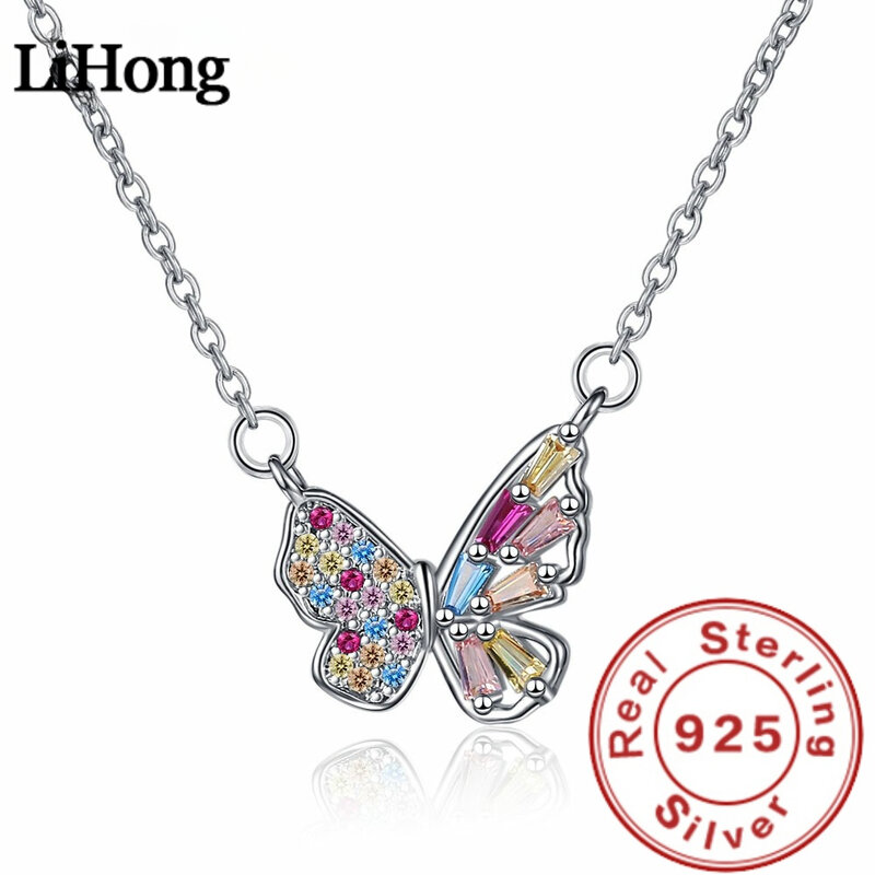 Neue 925 Sterling Silber farbigen Zirkon Schmetterling Anhänger Halskette Luxus Schmuck für Frauen Party Verlobung geschenk