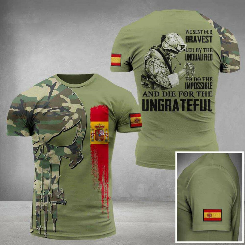 جديد الإسبانية العلم Ment قميص المخضرمين البلاد ثلاثية الأبعاد المطبوعة التمويه تنفس الجيش الأخضر الصيف بلوزات الملابس النسائية 6XL