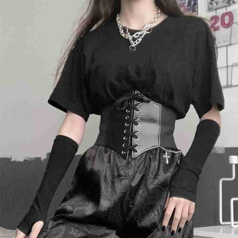 1Pc Gothic Dark Lace Up Female Waist Corset Belt Wide PU Leather Belts Women Fashion Slimming Waistband Adjustable Dress Girdle