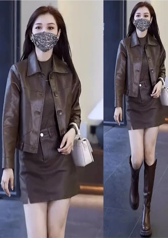 2023 w stylu Casual krótki prawdziwy płaszcz skórzany dla kobiet jesień i zima nowy luźny i smukły koreański kurtka z wełny ze strzyży płaszcz dla Wom