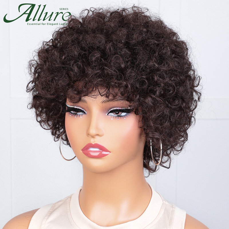 Wig rambut manusia Bob keriting coklat pendek, Wig afro memantul warna hitam, rambut palsu Natural Brasil dipakai untuk Wig tanpa lem Allure