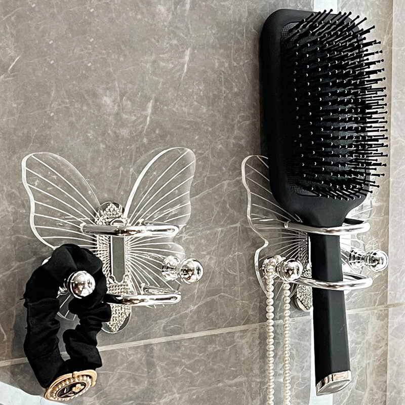 Rak penyimpanan kait kupu-kupu, braket rak pengatur Sisir cincin rambut kamar mandi terpasang di dinding, bebas lubang gantung dinding
