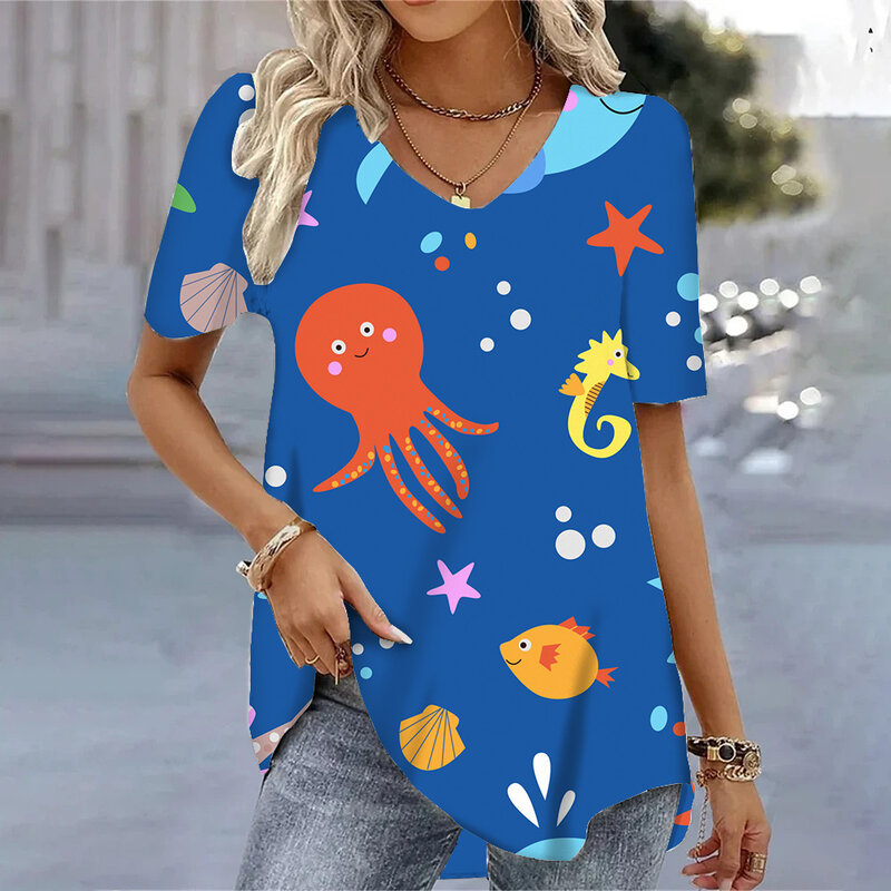 Blusa con cuello en V para mujer, camiseta de manga corta con estampado de dibujos animados en 3d, blusa azul Kawaii, Tops de gran tamaño para mujer 2024