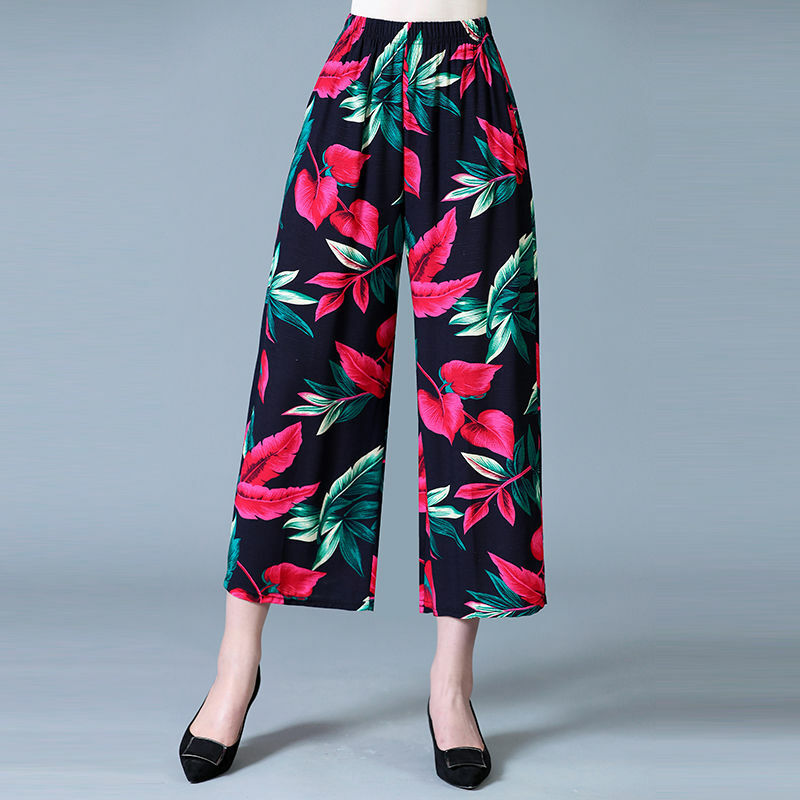 Luźny prosty temperament Nowa elegancka odzież damska z elastyczną talią Koreańska kieszeń Letni nadruk Wygodne spodnie z szerokimi nogawkami
