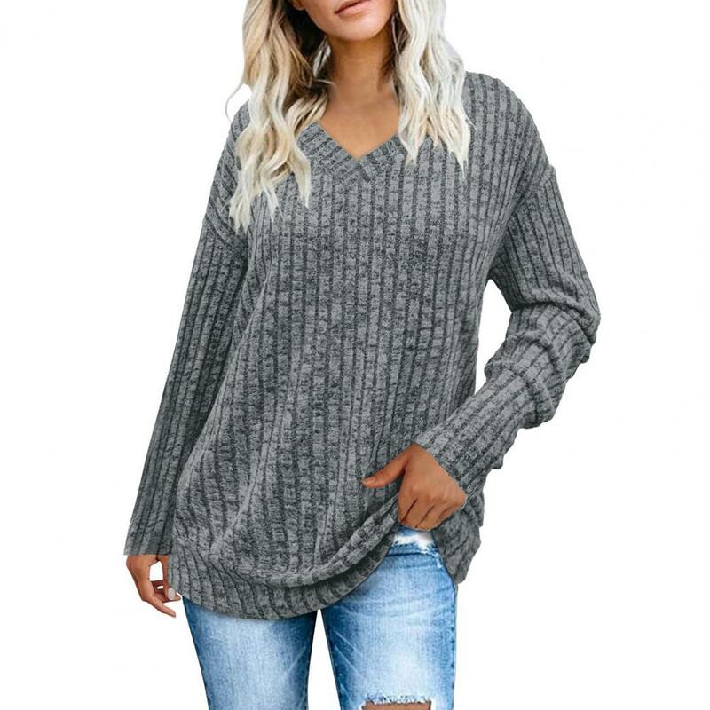 Fall Winter Women Top Solid Color Striped V Neck Thick Loose Long Sleeve Mid Length Warm Soft  Pullover Lady Blouse Sweater