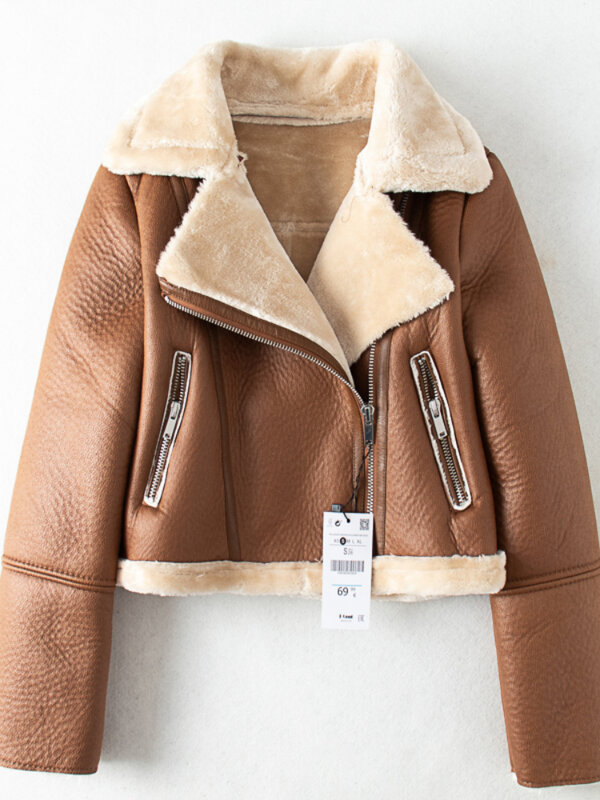 Jaqueta de couro de cordeiro, casaco curto quente, biker streetwear, jaqueta moto, marrom, novo, inverno