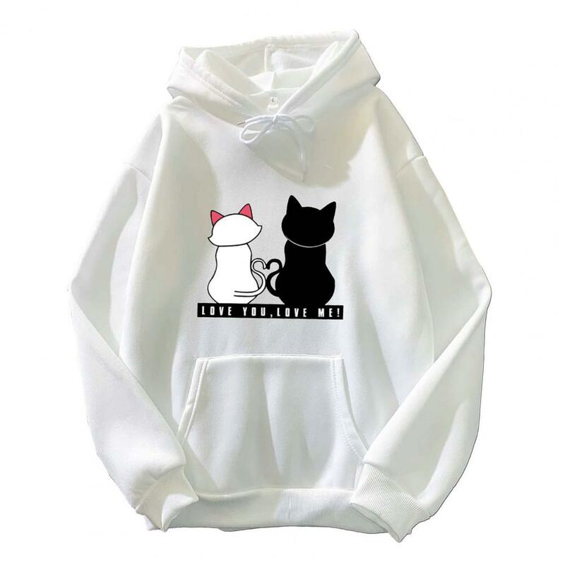 Hoodie motif kartun kucing wanita, Hoodie bercetak kartun kucing Unisex, Hoodie nyaman, Pullover Unisex dengan tali serut, tambalan manset elastis untuk musim gugur/musim dingin