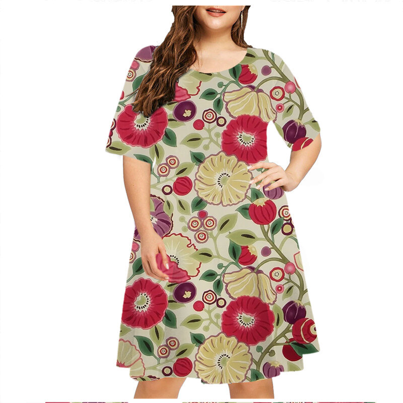 Letnie kobiety ubierają się z Vintage, w kwiaty nadrukiem z krótkim rękawem luźna Mini sukienka codzienna Plus rozmiar sukienka damska odzież damska sukienka 6XL