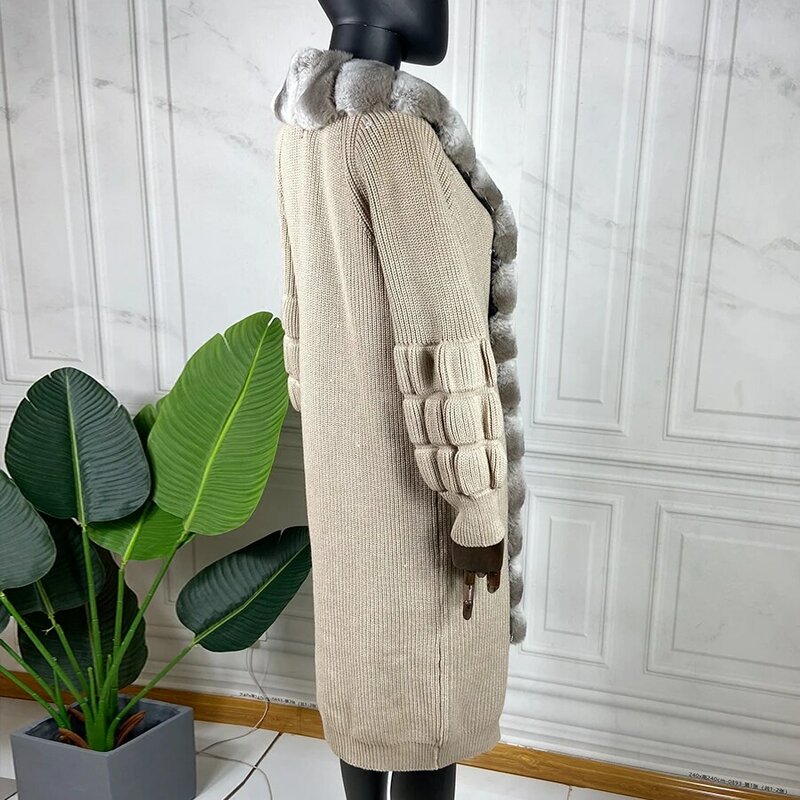 Cashmere Sweater Women Fur Cardigan Winter Fashion Poncho Rex Rabbit Fur Trim